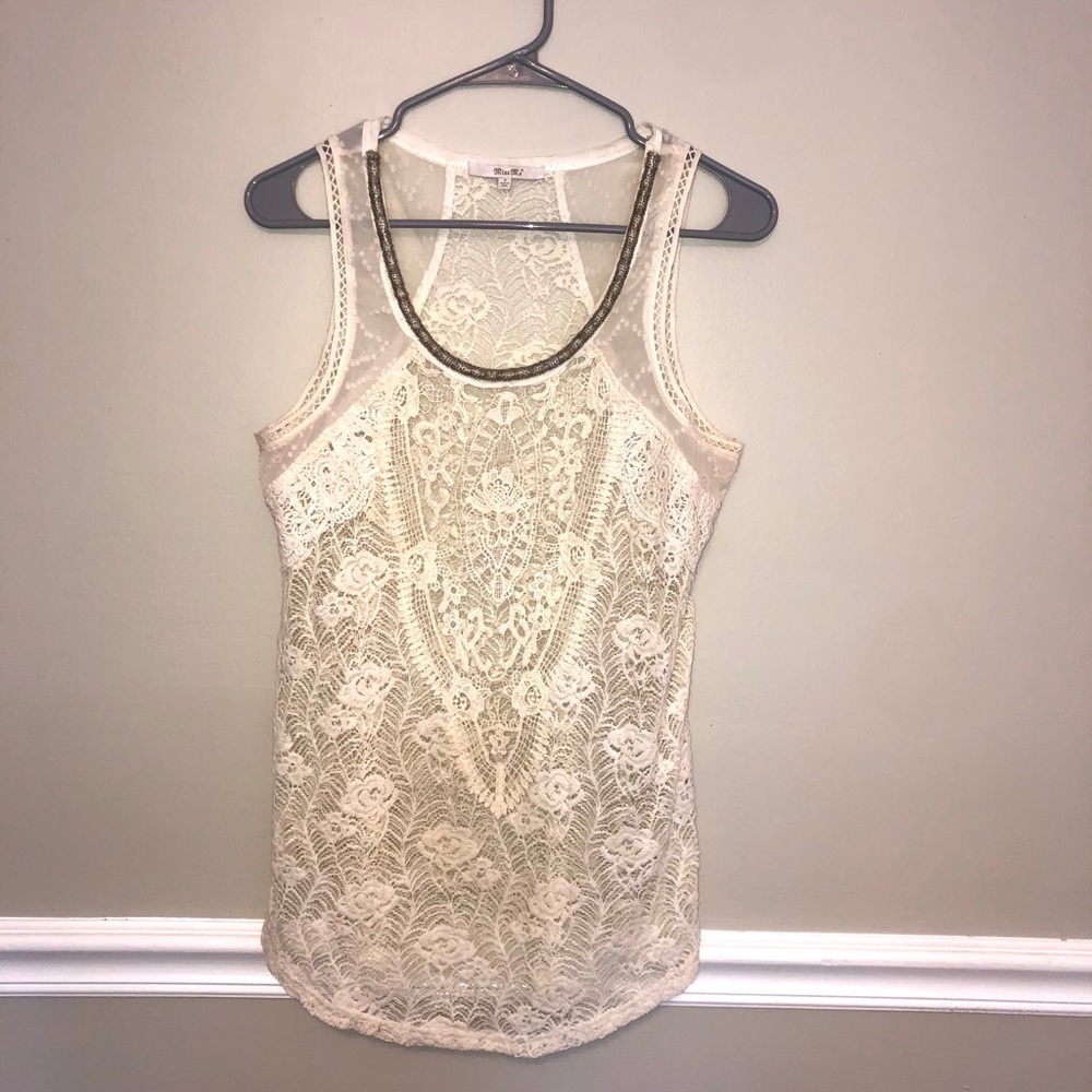 Sleeveless Lace Tank Top with Beaded Neckline - Cream